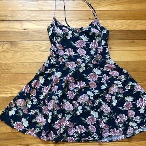 Navy floral lace up skater a-line dress L
